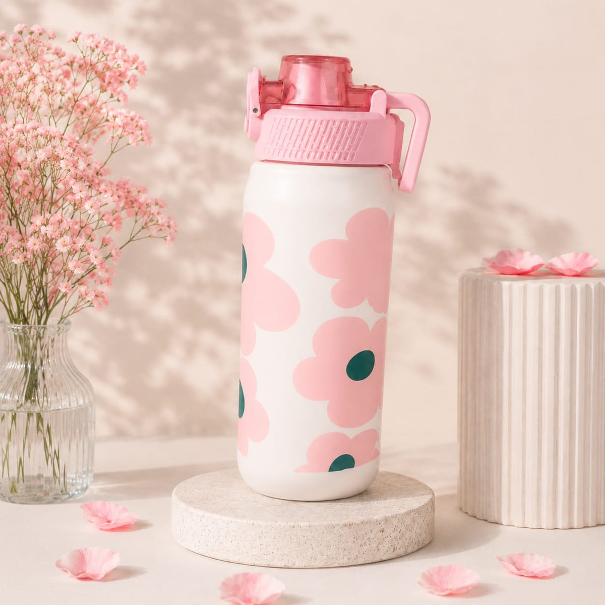BY MOQA Pink Daisy Plastic Water Bottle