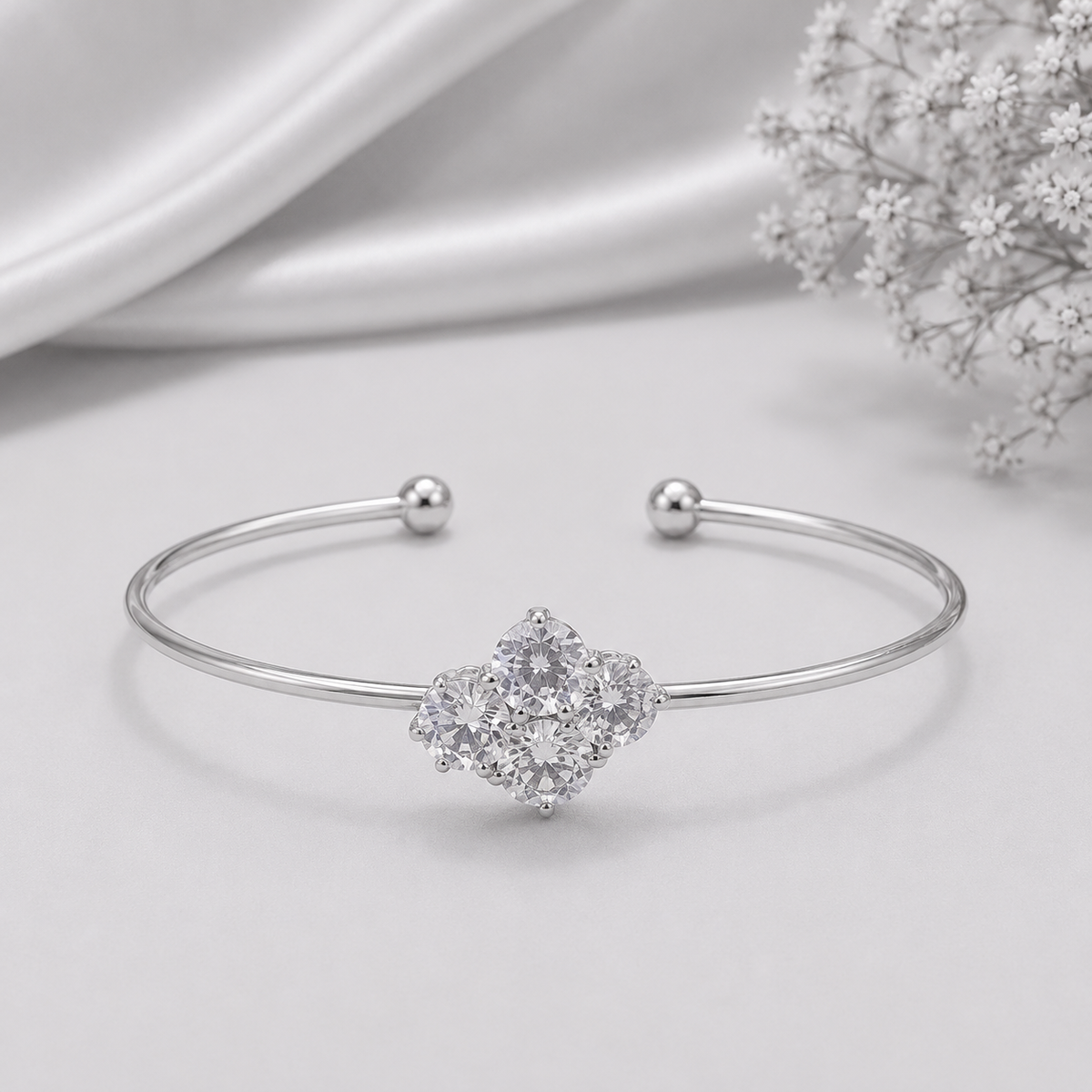 BY MOQA Silver Diamond Blossom Open Cuff Bracelet