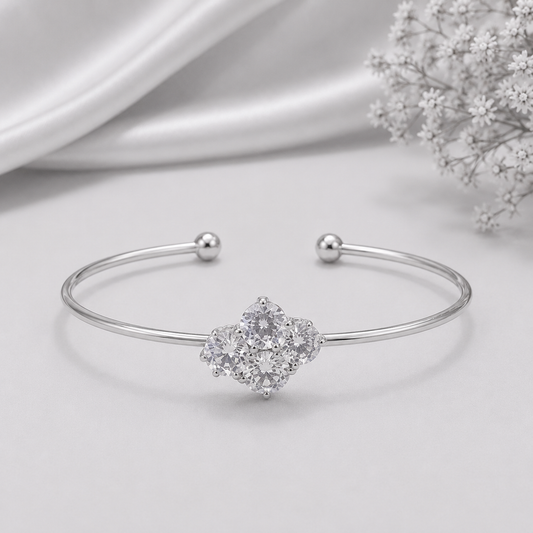 BY MOQA Silver Diamond Blossom Open Cuff Bracelet