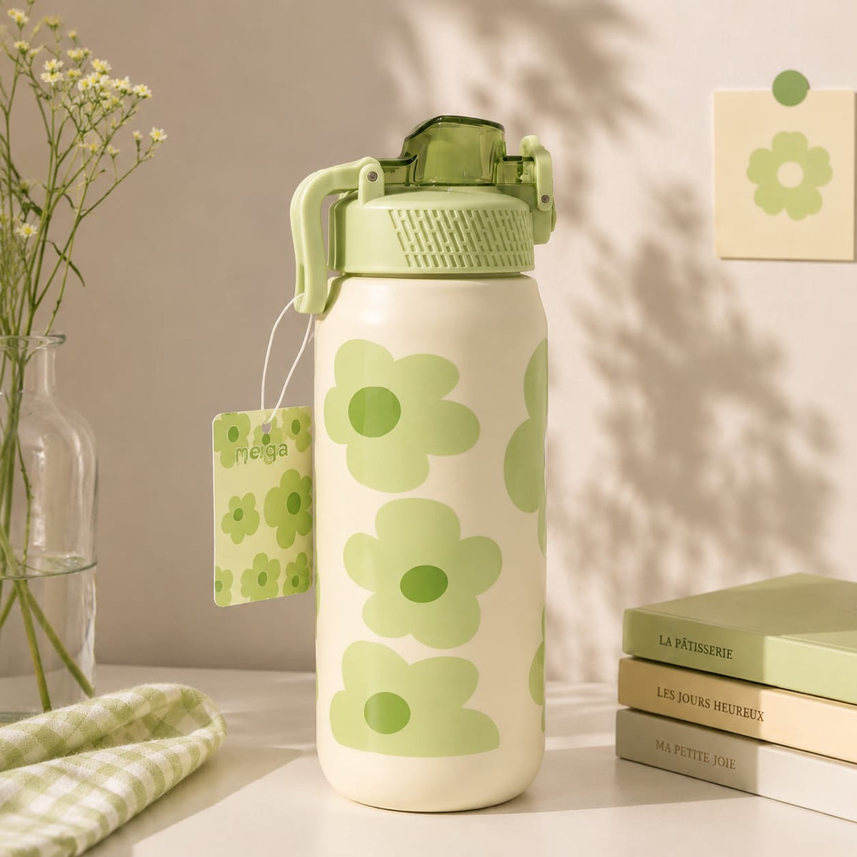 BY MOQA Green Daisy Plastic Water Bottle