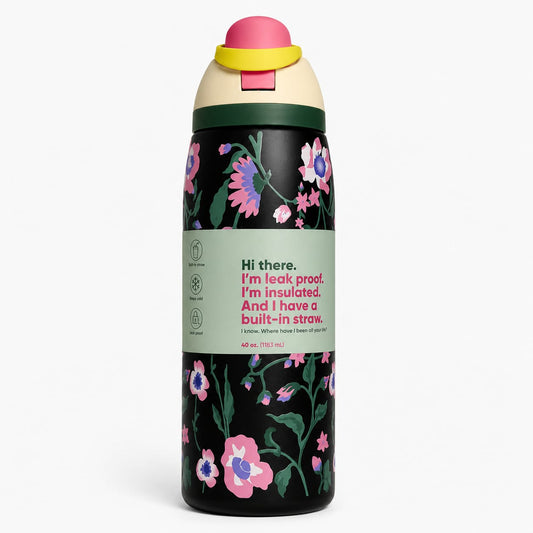 BY MOQA Black Floral Stainless Steel Flask Bottle 710ml